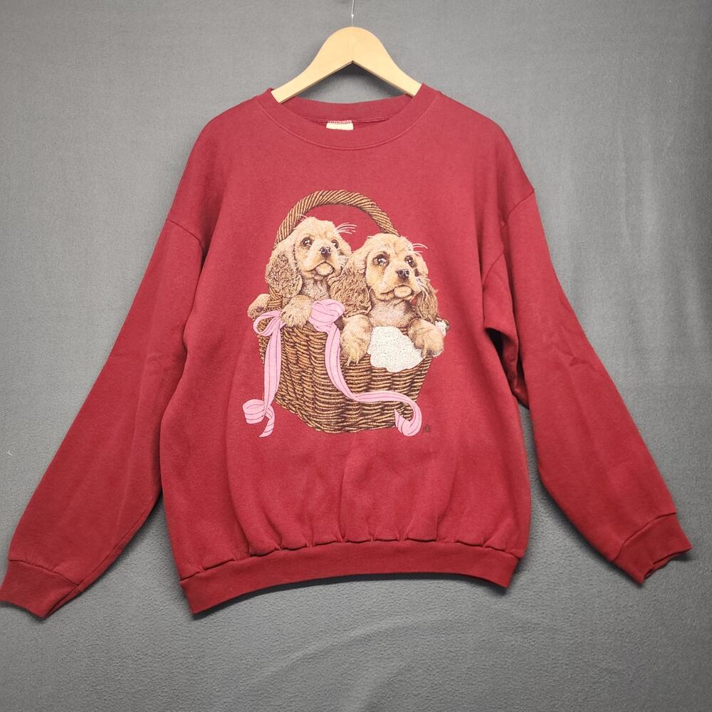 Vintage Crewneck Sweatshirt Puppies In A Basket Womens XL Cotton Grove Made USA